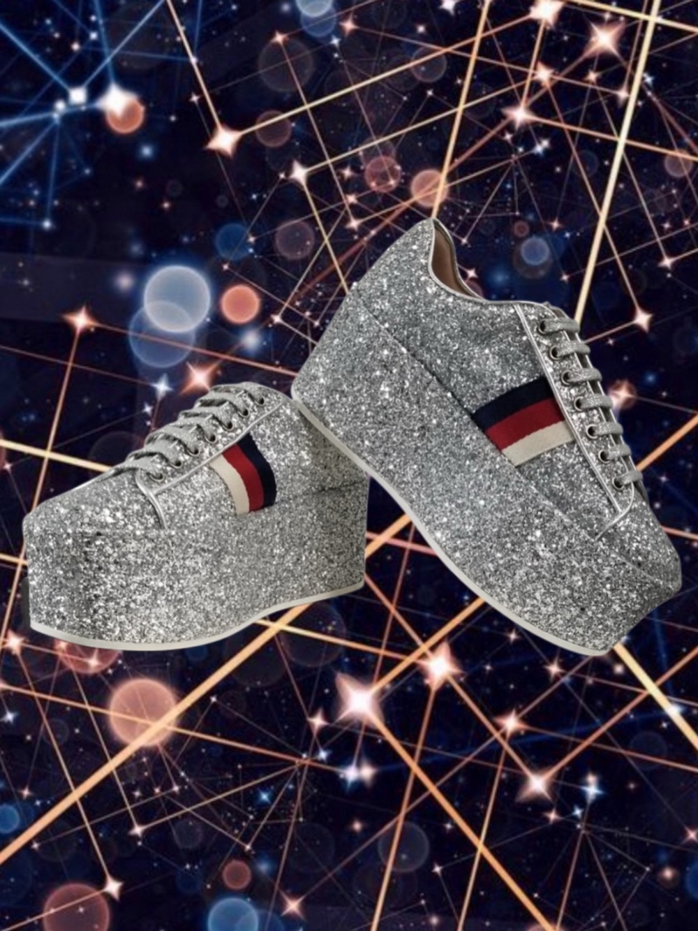 Gucci Silver Glitter Platform Sneakers with Red & Blue Stripe